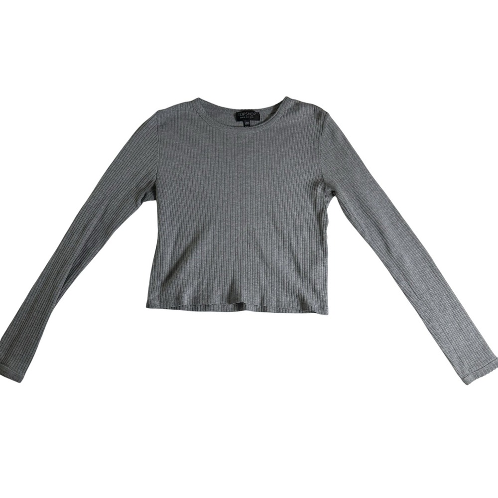 Topshop Long Sleeve Top Women US 6 Grey Excellent Ribbed‎ Cropped Crew Neck